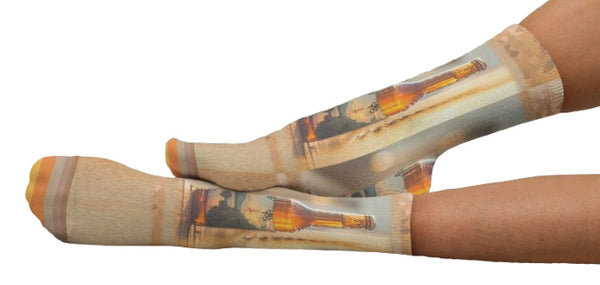 Cold Brew Beer Bottle Party Crew Socks, Tan