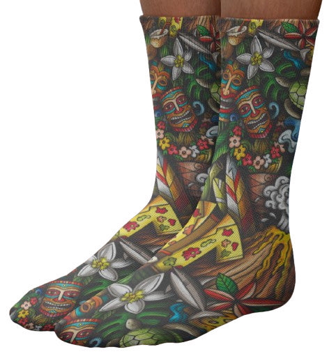 Hawaiian Spirit Crew Socks, Red, Green, Orange, Tan