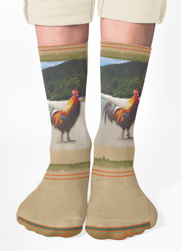 Rooster Crew Socks, Tan, Green