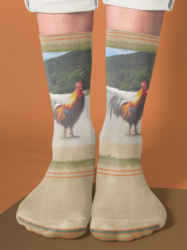 Rooster Crew Socks, Tan, Green