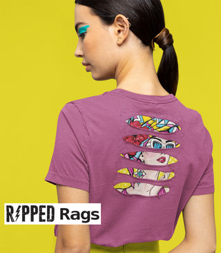 Ripped Rags Pop Art Tropical Girl T-shirt in Magenta features real cuts in the back with a real patch sewn underneath.