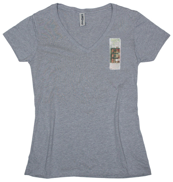 Ripped Rags Books "Education can Change the World" Women's V-neck T-shirt, White, Athletic Grey, Black