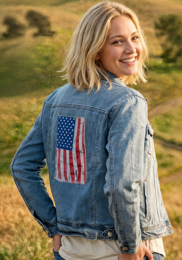 Ripped Rags Bruised Not Broken Women's Distressed Denim Jacket, Medium Blue