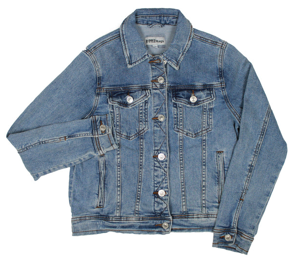 Ripped Rags Bruised Not Broken Women's Distressed Denim Jacket, Medium Blue