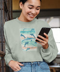 Ripped Rags Dolphin Pod Women's Cropped Sweatshirt, Sage, Bone, Blush