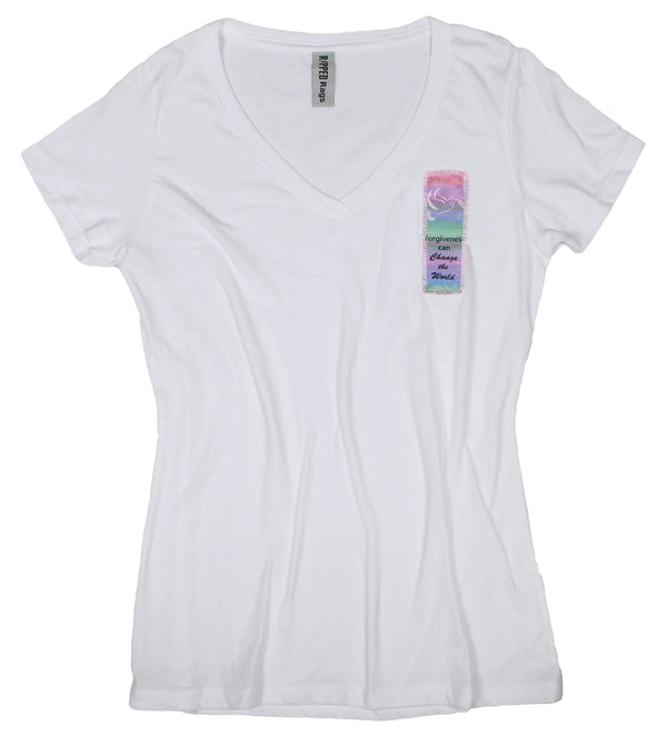 Ripped Rags Dove "Forgiveness can Change the World"  Women's V-neck T-shirt, Hot Pink, Purple, White