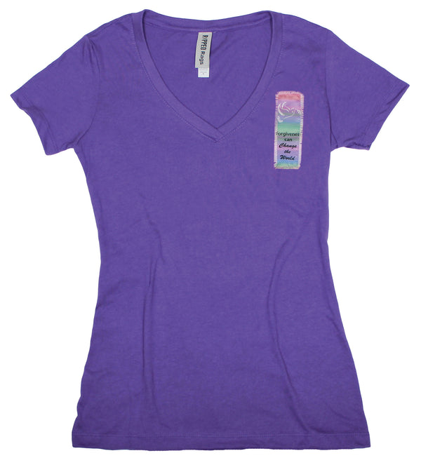 Ripped Rags Dove "Forgiveness can Change the World"  Women's V-neck T-shirt, Hot Pink, Purple, White