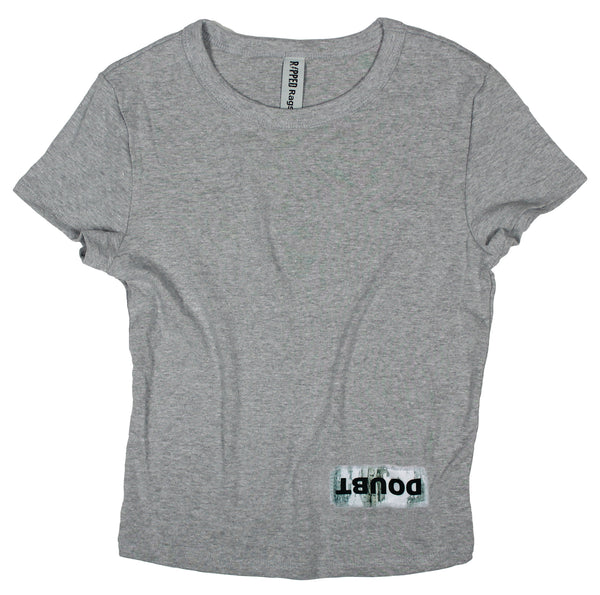 Ripped Rags Driftwood Overturn "Doubt" Women's Cropped Baby T-shirt, White, Athletic Grey, Black