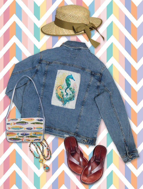 Ripped Rags Fantasy Seahorses Women's Distressed Denim Jacket, Medium Blue