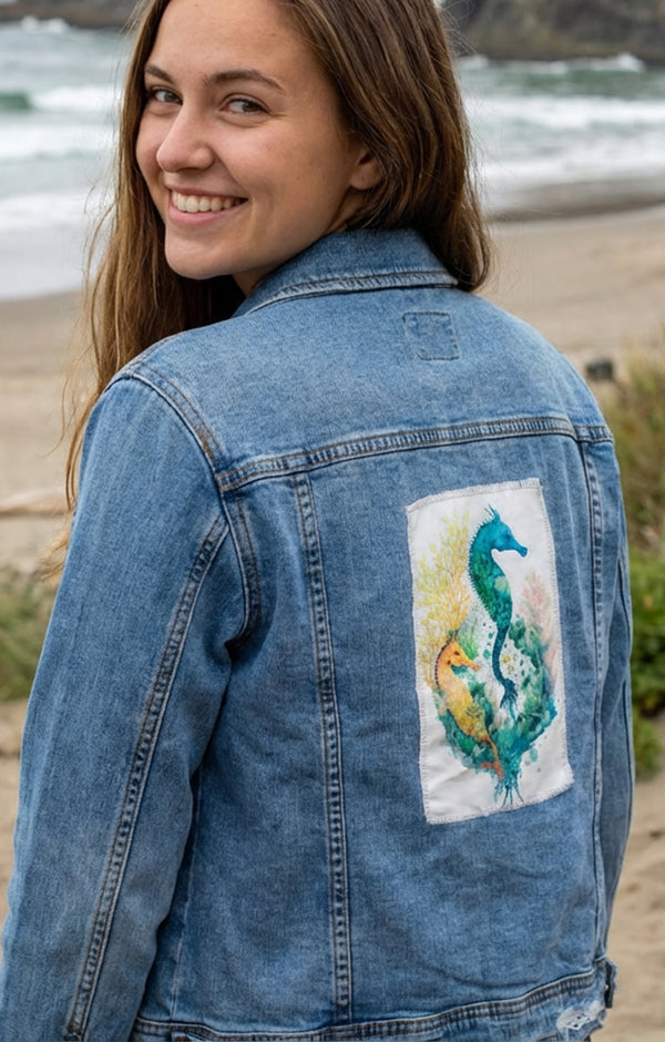 Ripped Rags Fantasy Seahorses Women's Distressed Denim Jacket, Medium Blue