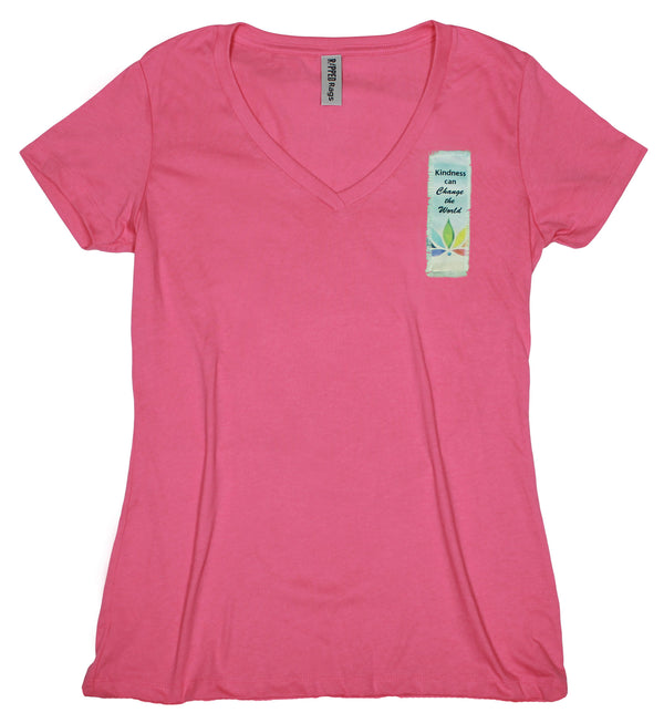 Ripped Rags Lotus "Kindness can Change the World"  Women's V-neck T-shirt, Mint, Hot Pink, Cancun