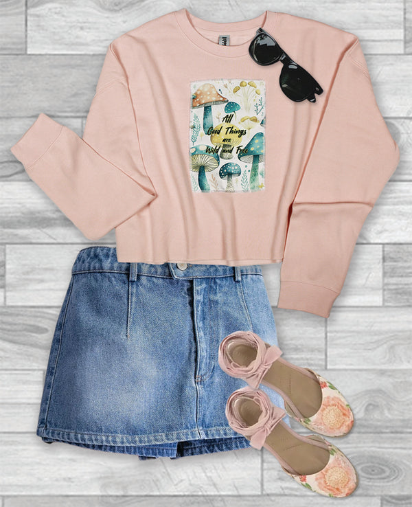 Ripped Rags Magic Mushrooms Patch Women's Cropped Sweatshirt, Blush, Bone, Sage