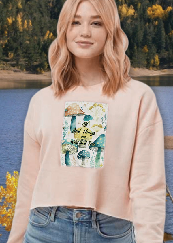Ripped Rags Magic Mushrooms Patch Women's Cropped Sweatshirt, Blush, Bone, Sage
