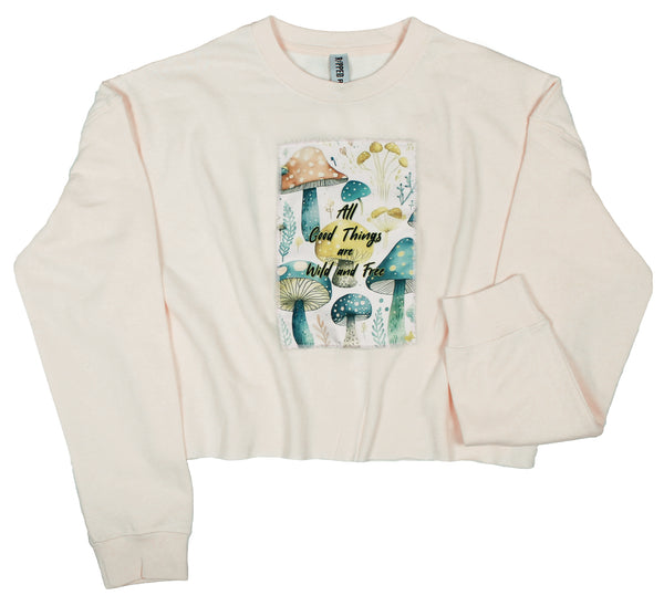 Ripped Rags Magic Mushrooms Patch Women's Cropped Sweatshirt, Blush, Bone, Sage