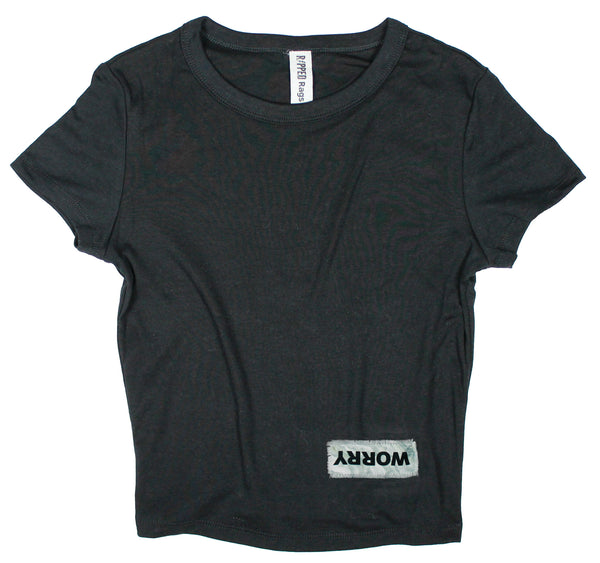 Ripped Rags Marble Overturn "Worry" Women's Cropped Baby T-shirt, Athletic Grey, White, Black