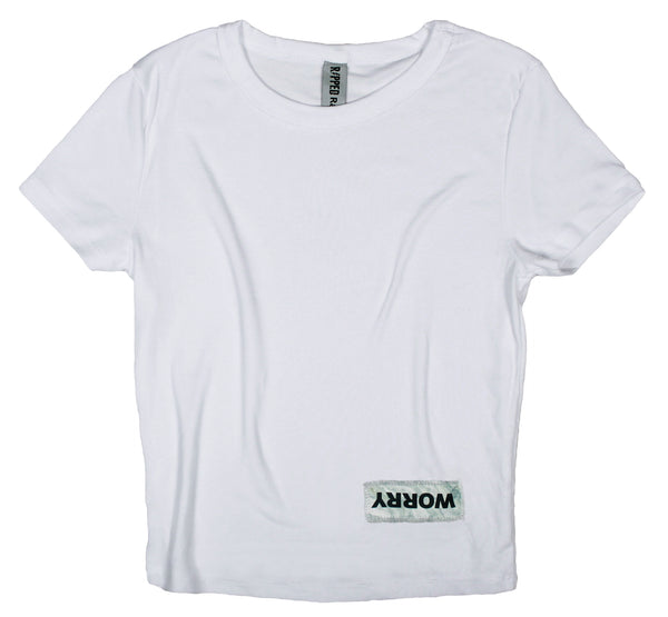 Ripped Rags Marble Overturn "Worry" Women's Cropped Baby T-shirt, Athletic Grey, White, Black