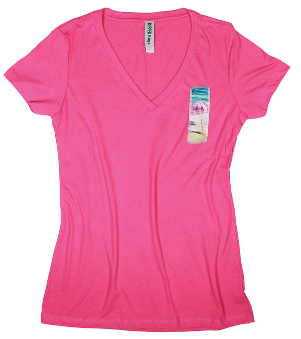 Ripped Rags Pink Beach Umbrella Women's V-neck T-shirt