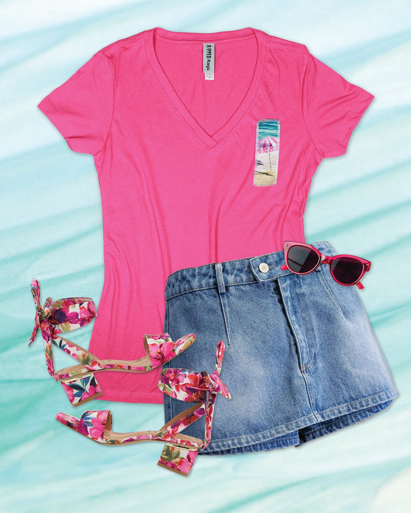 Ripped Rags Pink Beach Umbrella Women's V-neck T-shirt