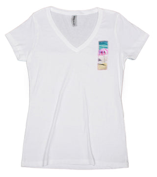Buy womens-white-v-neck Ripped Rags Pink Beach Umbrella Women's V-neck T-shirt