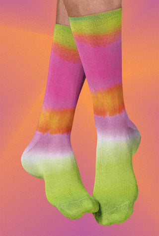 Pink Yellow Tie Dye Crew Socks, Pink, Yellow