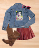 Ripped Rags Pop Art Shopping Girl Women's Distressed Denim Jacket, Medium Blue