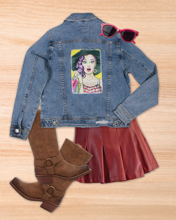 Ripped Rags Pop Art Shopping Girl Women's Distressed Denim Jacket, Medium Blue