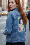 Ripped Rags Pop Art Shopping Girl Women's Distressed Denim Jacket, Medium Blue