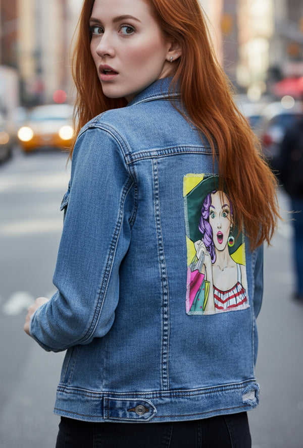 Ripped Rags Pop Art Shopping Girl Women's Distressed Denim Jacket, Medium Blue