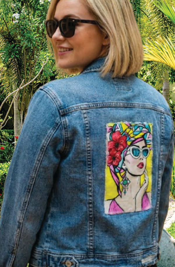 Ripped Rags Pop Art Tropical Girl Women's Distressed Denim Jacket, Medium Blue
