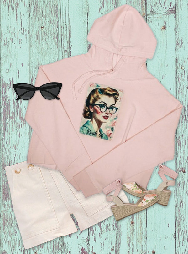 Ripped Rags Rt. 66 Sweet Fashion Patch Women's Cropped Hoodie, Sage, Bone, Blush