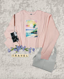 Ripped Rags Serenity Tropical Island Patch Women's Cropped Sweatshirt, Blush, Athletic Grey, Sage