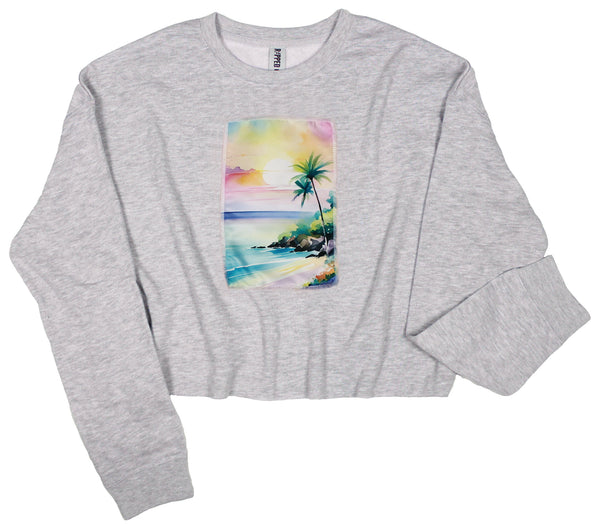 Ripped Rags Serenity Tropical Island Patch Women's Cropped Sweatshirt, Blush, Athletic Grey, Sage