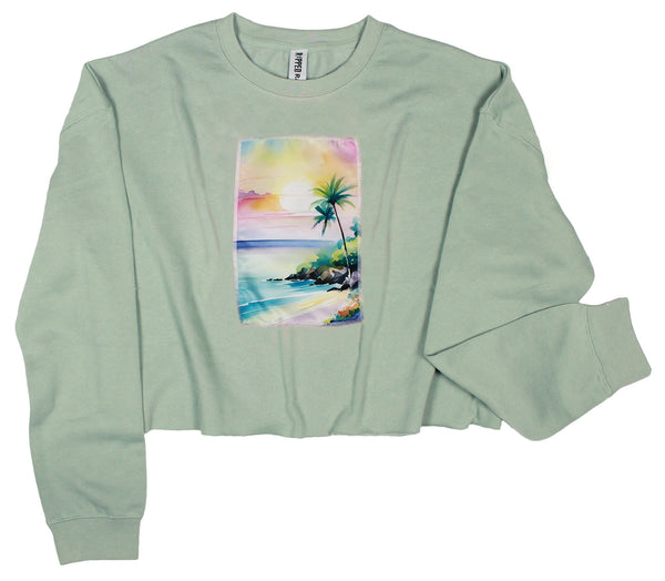 Ripped Rags Serenity Tropical Island Patch Women's Cropped Sweatshirt, Blush, Athletic Grey, Sage