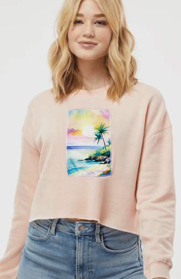 Ripped Rags Serenity Tropical Island Patch Women's Cropped Sweatshirt, Blush, Athletic Grey, Sage