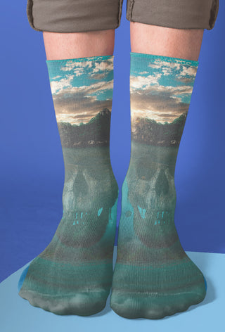Skull Island Crew Socks, Blue, Green