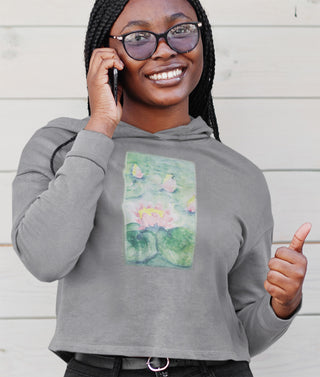 Ripped Rags Water Lillies Patch Women's Cropped Hoodie, Bone, Blush, Sage