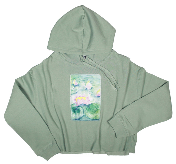Ripped Rags Water Lillies Patch Women's Cropped Hoodie, Bone, Blush, Sage