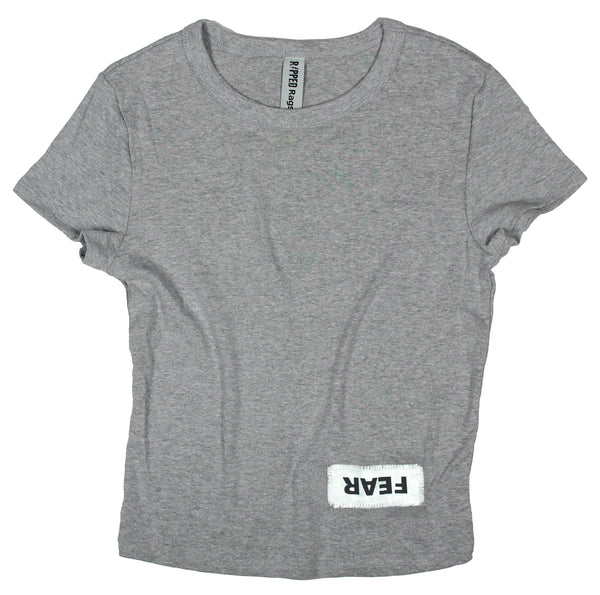 Ripped Rags Whitewashed Overturn "Fear" Women's Cropped Baby T-shirt, Black, Athletic Grey, White