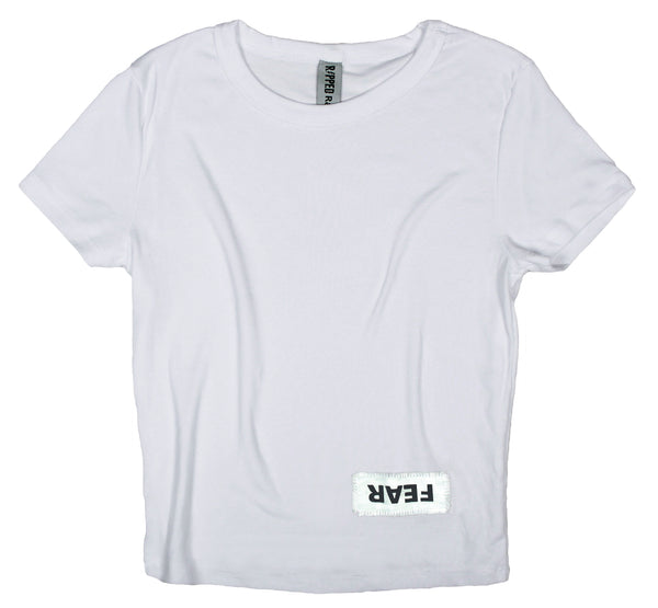 Ripped Rags Whitewashed Overturn "Fear" Women's Cropped Baby T-shirt, Black, Athletic Grey, White