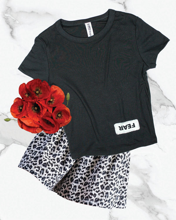 Ripped Rags Whitewashed Overturn "Fear" Women's Cropped Baby T-shirt, Black, Athletic Grey, White