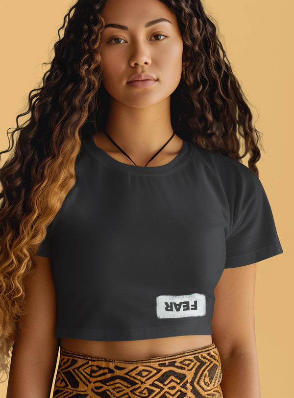 Ripped Rags Whitewashed Overturn "Fear" Women's Cropped Baby T-shirt, Black, Athletic Grey, White